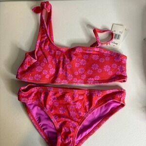 Raisins Girls Size 12 IYKYK Set Floral One Shoulder Bikini Coral Pink NEW